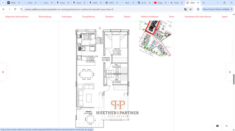 Grundriss einer 2-Zimmer-Neubauwohnung mit Terrasse in Sa Coma, 800 m zum Strand