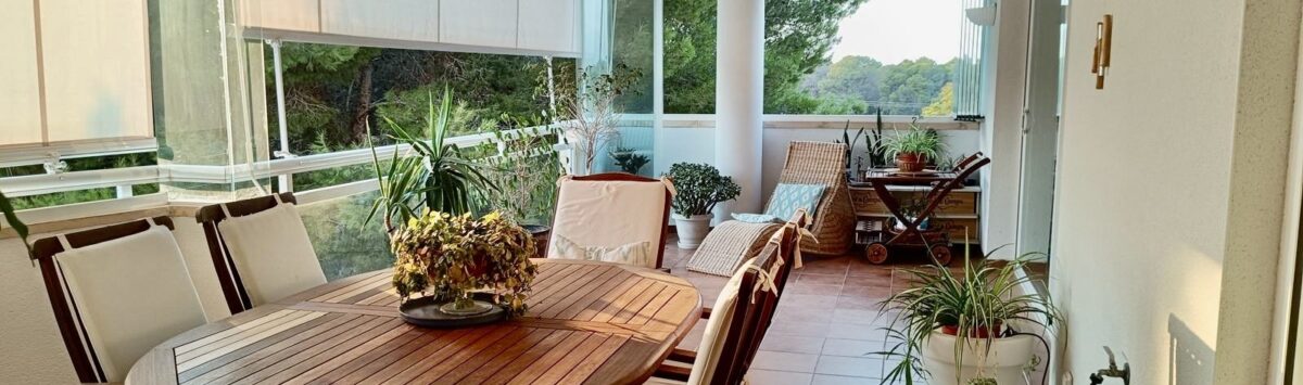 Glazed south-facing terrace with wooden table, chairs and plants, view into nature reserve, apartment Llucmajor