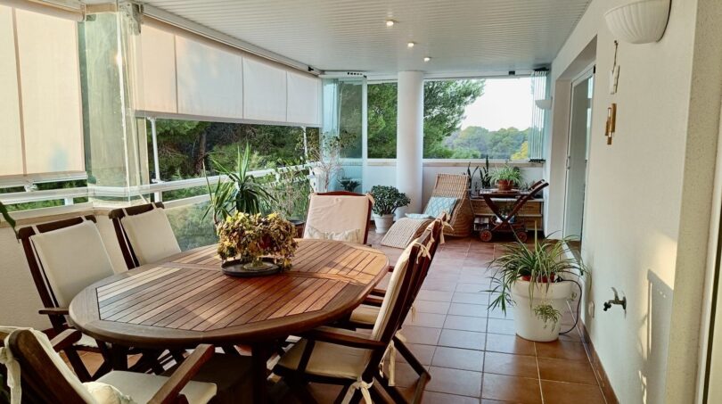 Glazed south-facing terrace with wooden table, chairs and plants, view into nature reserve, apartment Llucmajor