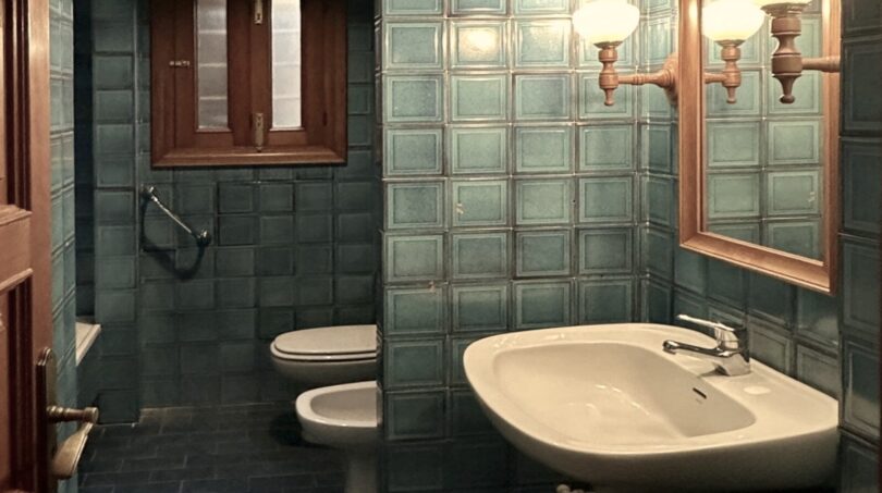 Badezimmer des Chalets mit türkisen Wandfliesen, Waschtisch, Bidet und Wandleuchten in Palmanyola