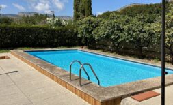 Private pool of the single-family chalet in Palmanyola, surrounded by citrus trees and hedges, with mountain views.