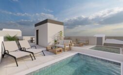 Penthouse rooftop terrace with private pool, lounge furniture and sun loungers, new building in Palma de Mallorca