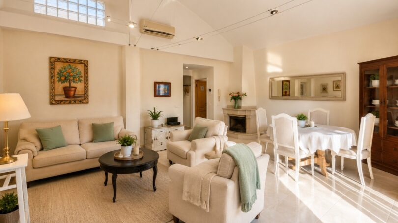 Elegantes Wohnzimmer im Penthouse in Inca Mallorca mit Essbereich und Balkon