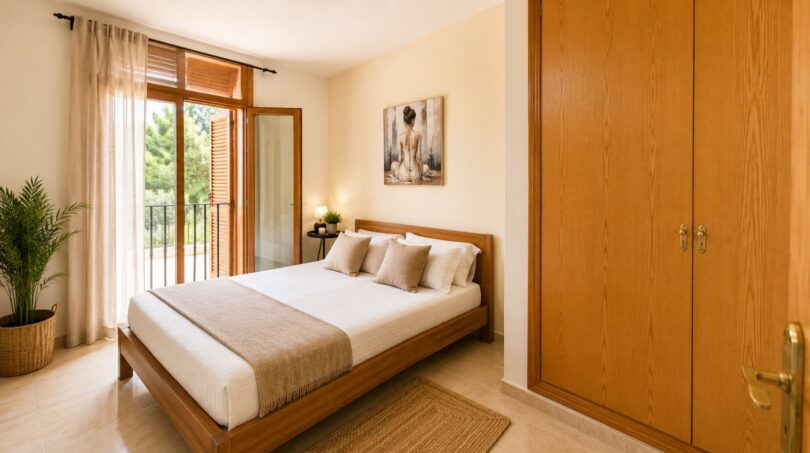 Helles Schlafzimmer im Penthouse in Inca Mallorca mit Balkonzugang und Einbauschraenken