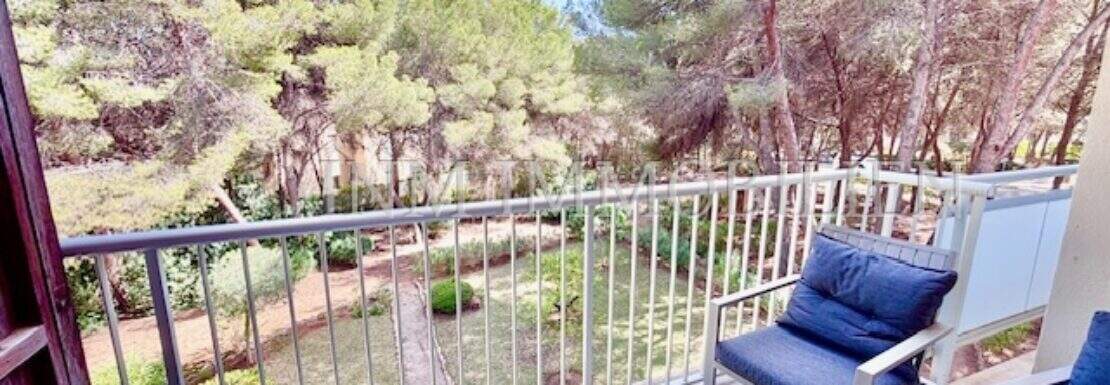 Sonniger Balkon mit Loungemöbeln und Blick auf Pinienwald, Ferienwohnung Sol de Mallorca