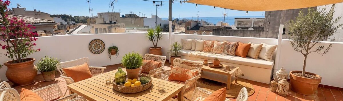 Terraza soleada con zona lounge, mesa de comedor, vistas al mar y plantación mediterránea en Porto Cristo