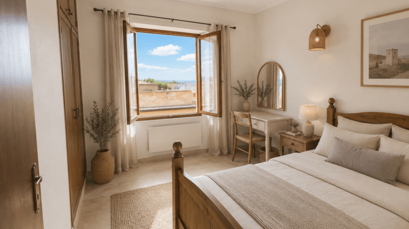 Helles Schlafzimmer mit Holzbett, Schreibtisch und Meerblick durch offenes Fenster in Porto Cristo
