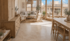 Helles Wohnzimmer mit Naturholzmöbeln, Rattan-Akzenten und großen Terrassentüren in Porto Cristo
