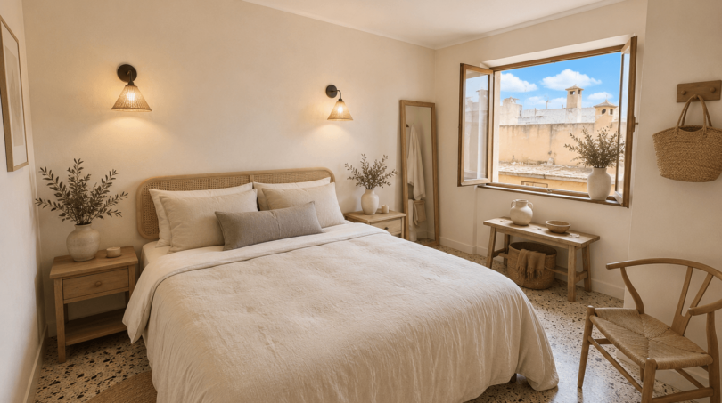 Helles Schlafzimmer mit Rattanbett, Terrazzoböden und geöffnetem Fenster mit Blick auf Porto Cristo