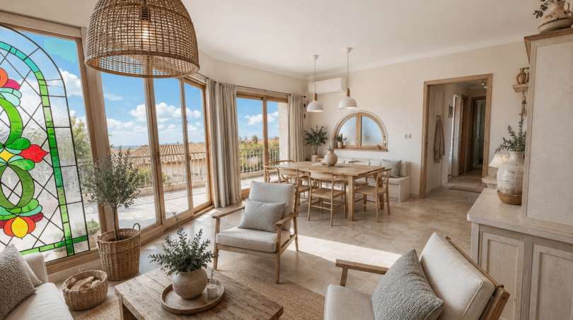 Helles Wohnzimmer mit Naturholzmöbeln, Buntglasfenster und Meerblick-Terrasse in Porto Cristo