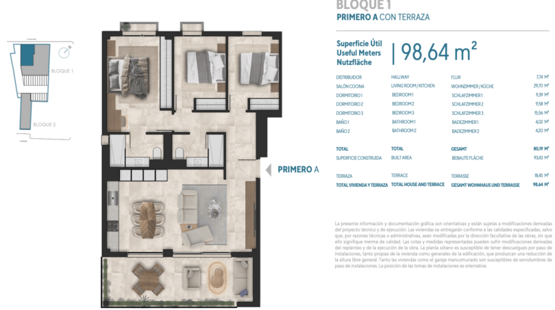 Grundriss Neubauwohnung Porto Cristo, Block 1, 1. OG, 3 Schlafzimmer, Terrasse, 98,64 m²