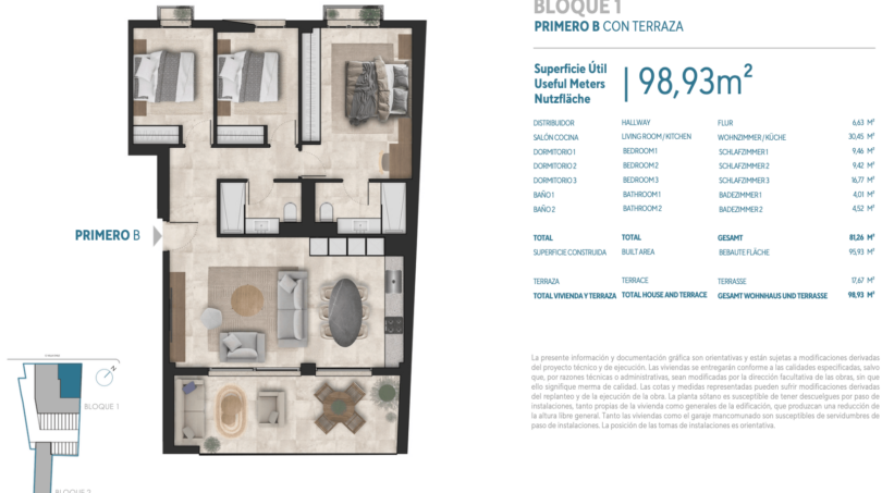 Grundriss Neubauwohnung Porto Cristo, 1. OG, 3 Schlafzimmer, 2 Bäder, Terrasse, 98,93 m²