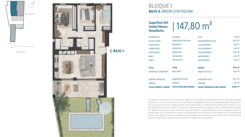 Grundriss Erdgeschoss Bajo A, Bloque 1, 147,80 m², 3 Schlafzimmer, Wohnküche, Terrasse und privatem Pool-Garten, Porto Cristo.