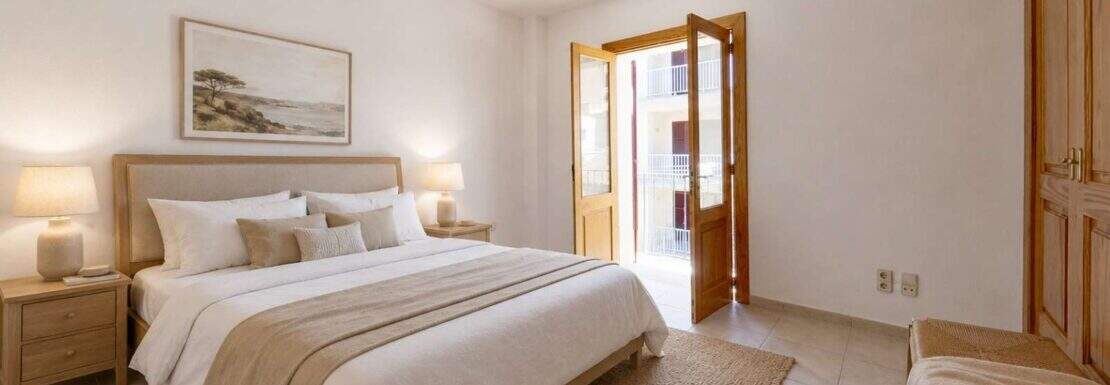 Helles Schlafzimmer der Maisonette in Porto Cristo mit Doppelbett, Holzmöbeln und Balkonzugang zum Meer.
