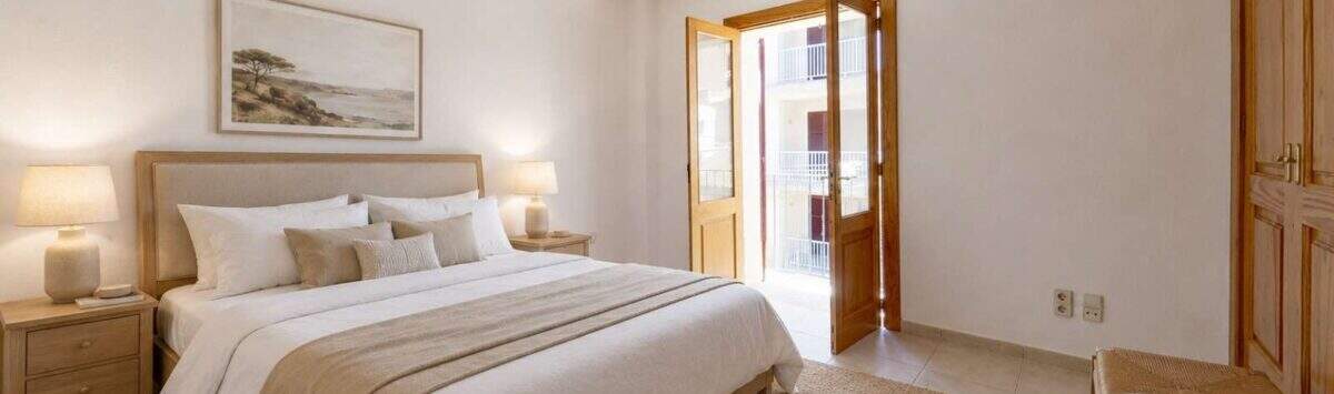 Helles Schlafzimmer der Maisonette in Porto Cristo mit Doppelbett, Holzmöbeln und Balkonzugang zum Meer.
