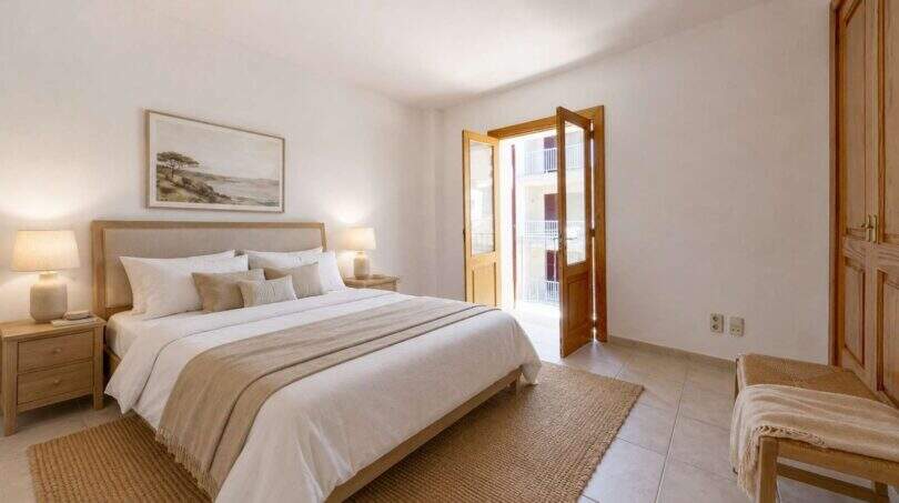 Helles Schlafzimmer der Maisonette in Porto Cristo mit Doppelbett, Holzmöbeln und Balkonzugang zum Meer.