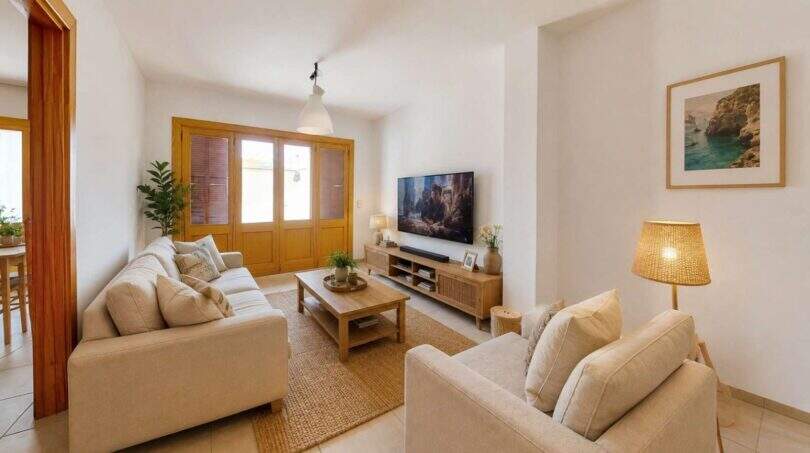Helles Wohnzimmer der Maisonette in Porto Cristo mit Sofas, TV-Möbel und Holztüren zum Balkon