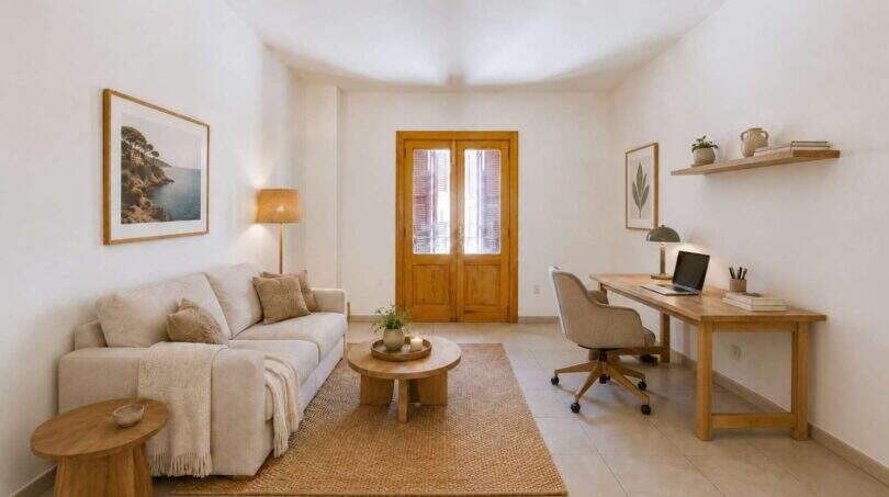 Helles Wohnzimmer mit Sofa, Holzschreibtisch und Doppeltür in Maisonette nahe Strand Porto Cristo