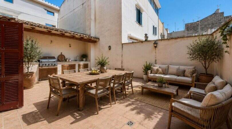 Sonnige Terrasse mit Outdoor-Küche, Esstisch und Lounge-Bereich der Maisonette in Porto Cristo