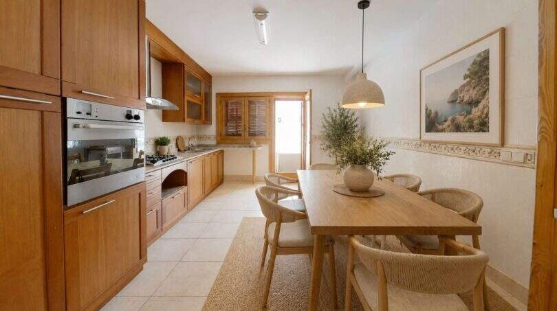 Helle Küche mit Holzfronten und Essbereich in Maisonette in Porto Cristo, 50 m zum Strand