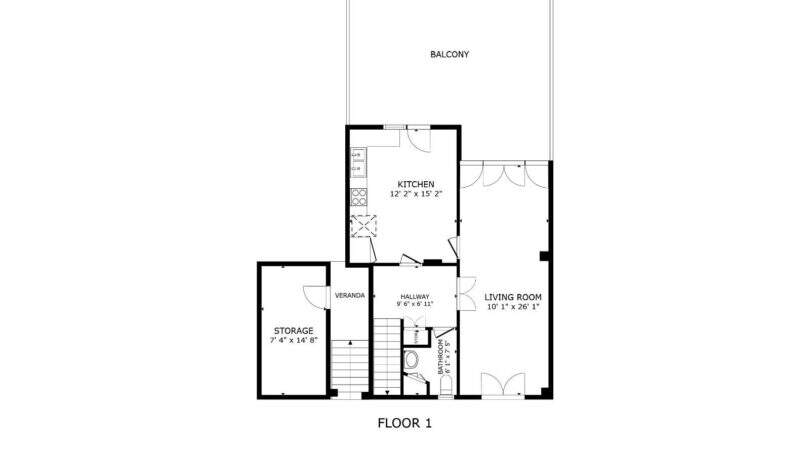 Grundriss Erdgeschoss der Maisonette in Porto Cristo mit Küche, Wohnzimmer, Flur, Bad, Abstellraum und Balkon.