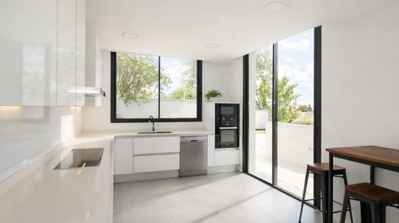 Moderne weiße Küche mit Kochinsel, Edelstahlgeräten und Schiebetür zur Terrasse in Palma
