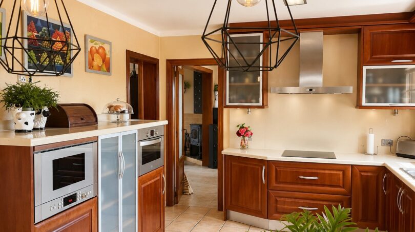 Geräumige Landhausküche mit Holzschränken, Kochinsel, Einbaugeräten und stilvollen Pendelleuchten in Sencelles.