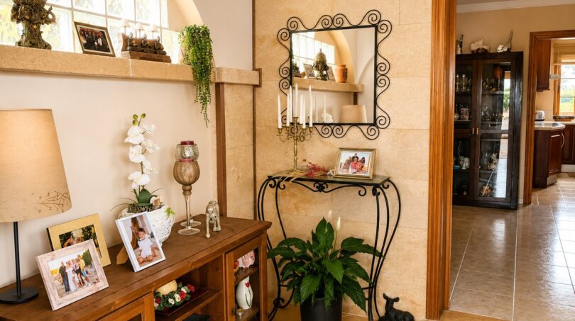 Eleganter Eingangsbereich mit Natursteinwand, Schmiedeeisen-Spiegel, Holzkommode und Familienfotos in Landhaus Sencelles.