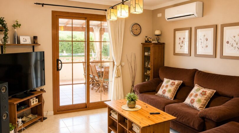 Helles Wohnzimmer mit brauner Couch, Holztisch und Glasschiebetür zur Terrasse in Sencelles.