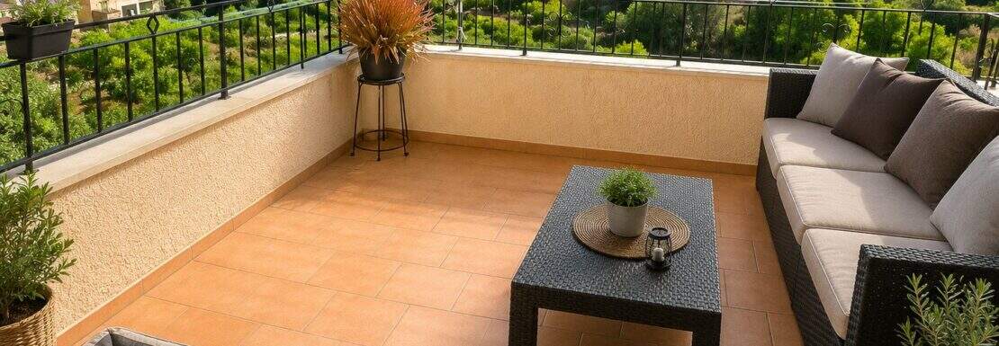 Sonnige Dachterrasse mit Loungemöbeln, Panoramablick auf Costitx und die mallorquinische Landschaft