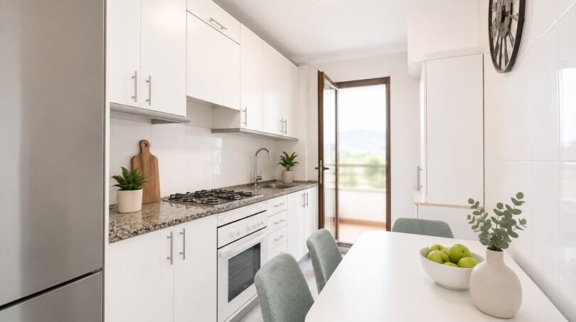 Moderne Küche mit Granit-Arbeitsplatte, Gasherd und direktem Zugang zum Außenbereich