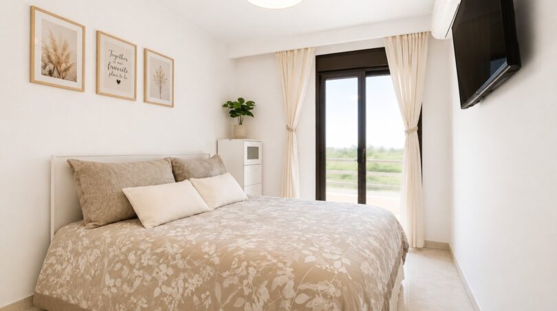 Schlafzimmer mit französischen Glastüren und Panoramafenster zum Balkon