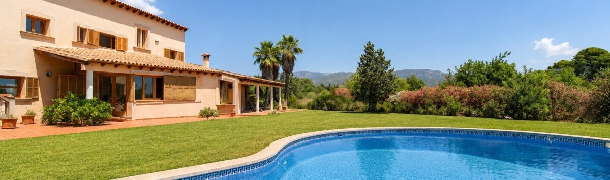 Außenansicht der Finca in Marratxí mit geschwungenem Pool, gepflegtem Rasen und mediterraner Architektur.