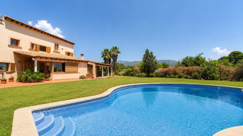 Außenansicht der Finca in Marratxí mit geschwungenem Pool, gepflegtem Rasen und mediterraner Architektur.