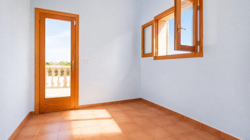 Helles, leeres Zimmer der Finca in Marratxí mit Terrakottaboden, Holztür zum Balkon und geöffnetem Fenster