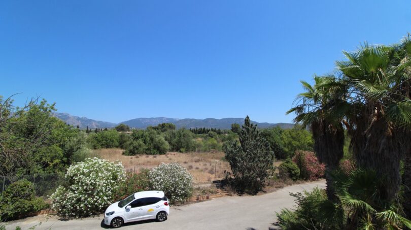Außenbereich der Finca in Marratxí mit Palmen, mediterraner Vegetation und Bergpanorama unter blauem Himmel.