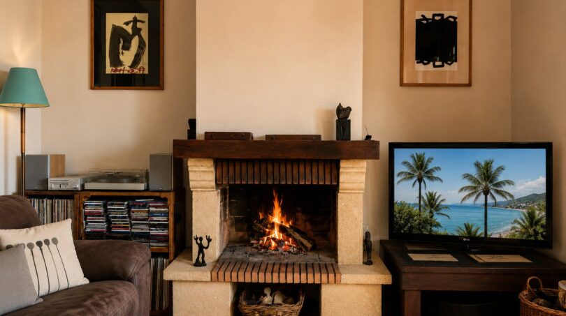 Acogedor salón de la finca Lloseta con chimenea encendida, sofá de cuero y ambiente mediterráneo.