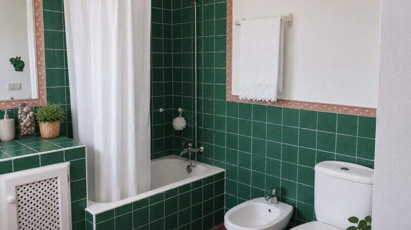 Badezimmer der Finca Lloseta mit grünen Wandfliesen, Badewanne mit Duschvorhang, Bidet und WC