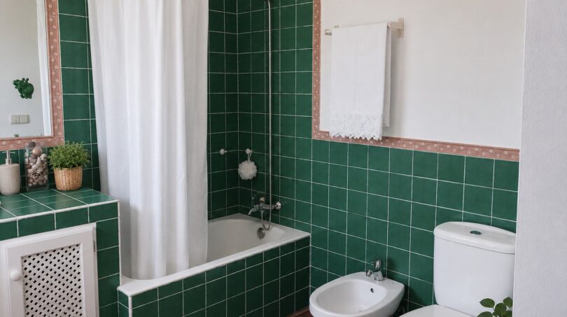 Baño de la finca Lloseta con azulejos verdes, bañera con cortina de ducha, bidé y inodoro