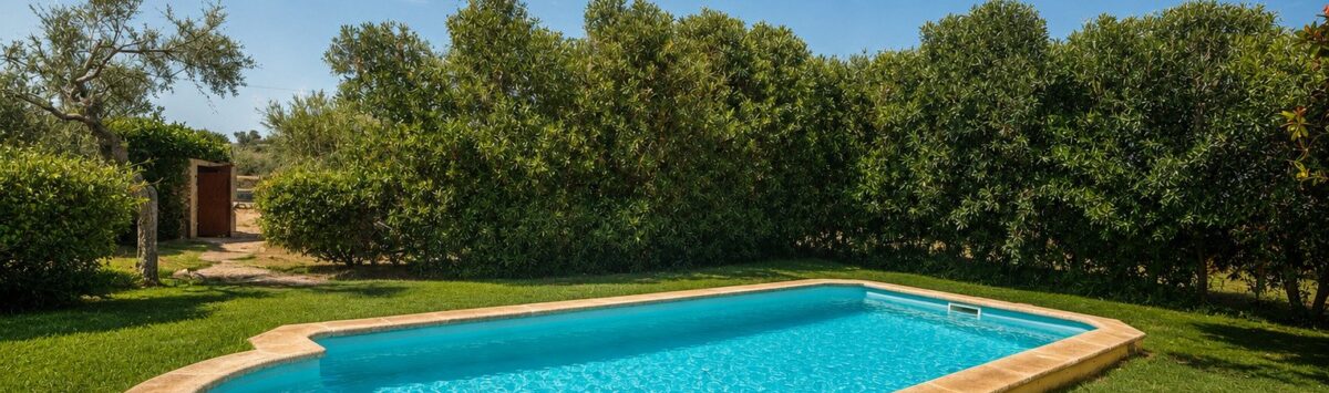 Piscina exterior de la finca mallorquina en Lloseta, rodeada de césped verde y árboles mediterráneos.