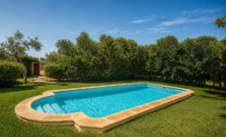 Außenpool der mallorquinischen Finca in Lloseta, umgeben von grünem Rasen und mediterranen Bäumen.