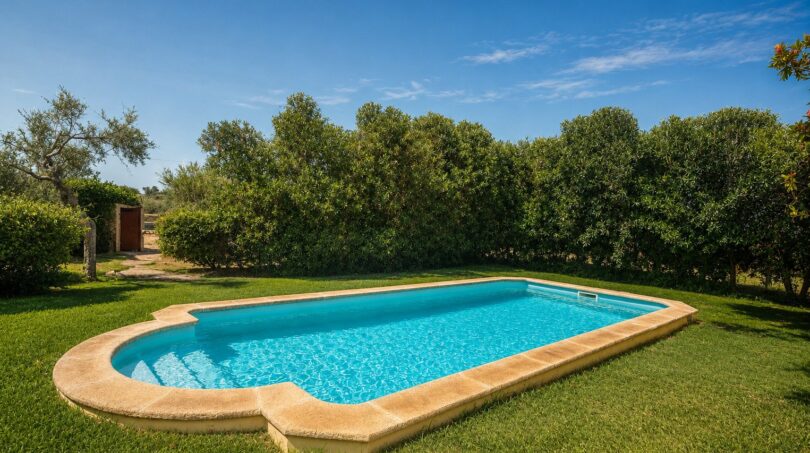 Piscina exterior de la finca mallorquina en Lloseta, rodeada de césped verde y árboles mediterráneos.