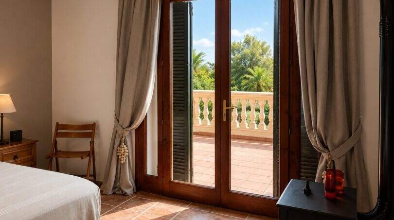 Schlafzimmer der Finca Lloseta mit Terrassenzugang, Holztüren, Steinboden und Blick auf Palmen