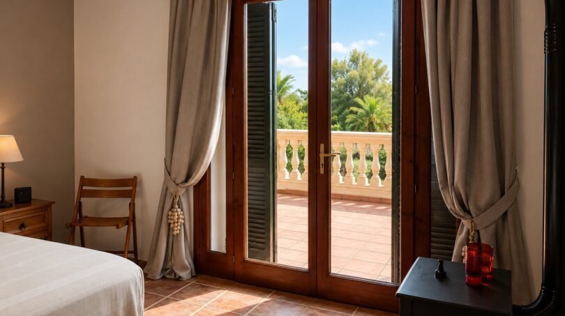 Dormitorio de la finca Lloseta con puerta a la terraza, suelo de piedra natural y vista a palmeras y balcón