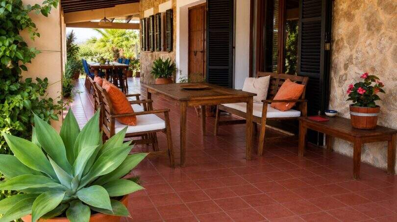 Überdachte Terrasse der Finca mit Natursteinwand, Holzmöbeln, Terrakottafliesen und mediterranen Pflanzen in Lloseta.
