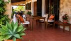 Terraza cubierta de la finca con pared de piedra natural, muebles de madera, suelo de barro y plantas mediterráneas en Lloseta.
