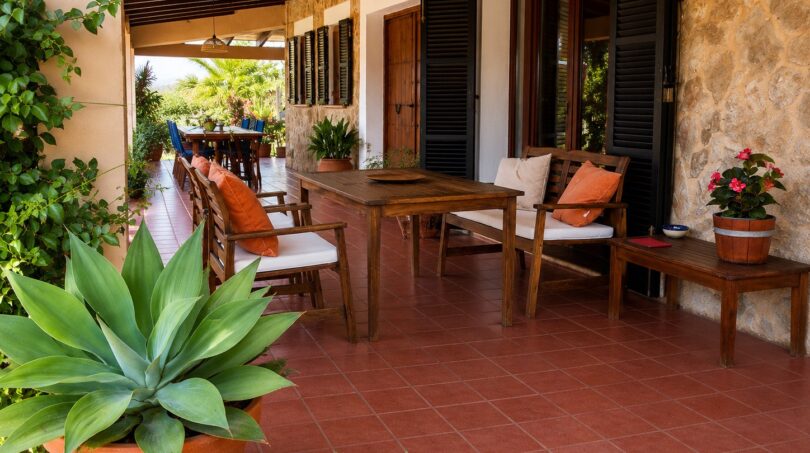 Terraza cubierta de la finca con pared de piedra natural, muebles de madera, suelo de barro y plantas mediterráneas en Lloseta.
