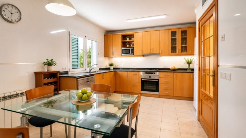 Cocina luminosa con frentes de madera, mesa de cristal y electrodomésticos modernos en dúplex Sa Torre, Llucmajor