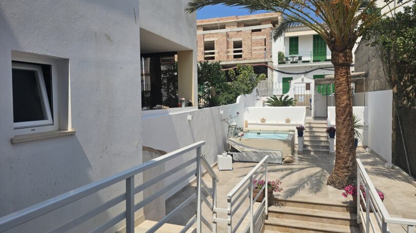 Terrace with jacuzzi, palm tree and staircase of a modern apartment in Portocolom, Mallorca