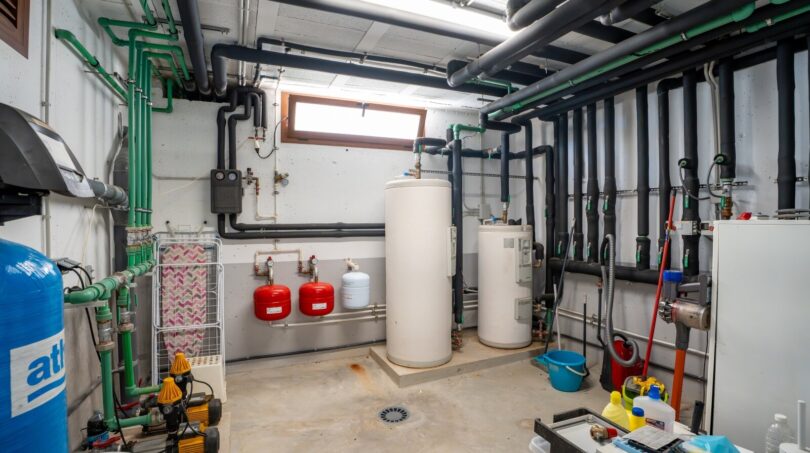 Technikraum der Luxusfinca in Son Carrió mit Heizungsanlage, Wassertanks, Rohrsystem und Wasseraufbereitung.